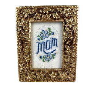 Finished Complete Counted Cross Stitch "MOM" w/ Florals Framed Floral Frame Gift